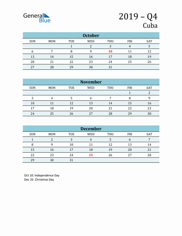Three-Month Planner for Q4 2019 with Holidays - Cuba