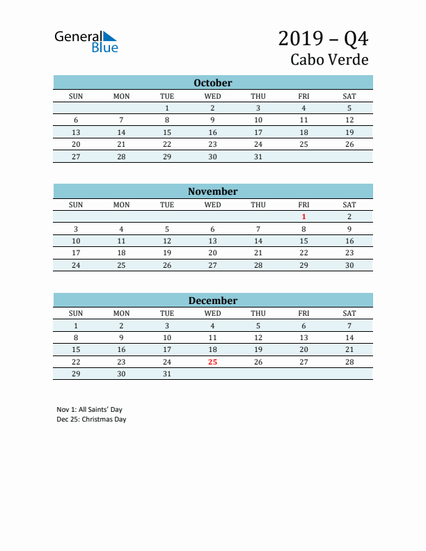 Three-Month Planner for Q4 2019 with Holidays - Cabo Verde