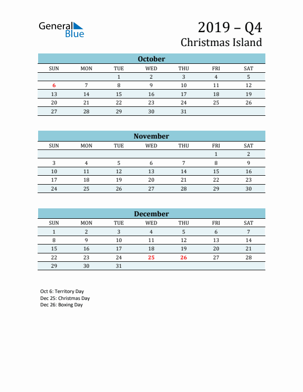 Three-Month Planner for Q4 2019 with Holidays - Christmas Island