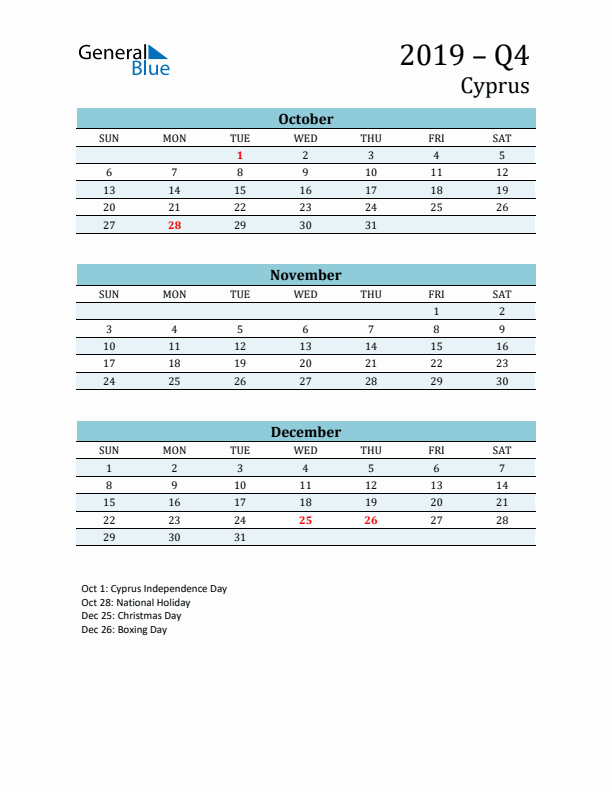 Three-Month Planner for Q4 2019 with Holidays - Cyprus
