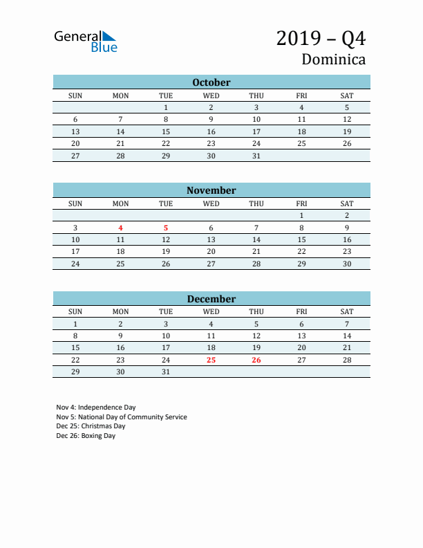Three-Month Planner for Q4 2019 with Holidays - Dominica