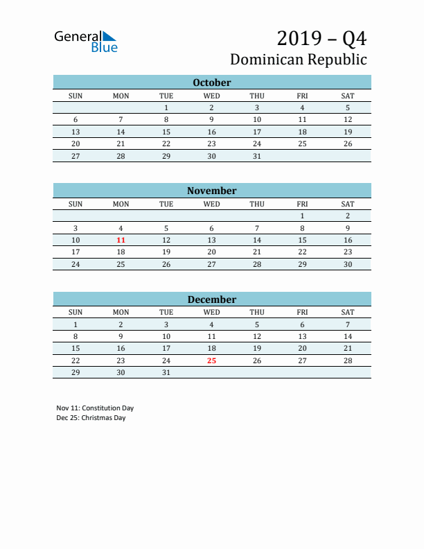 Three-Month Planner for Q4 2019 with Holidays - Dominican Republic