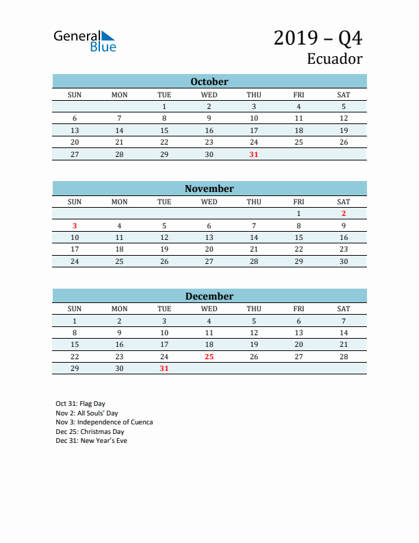 Three-Month Planner for Q4 2019 with Holidays - Ecuador
