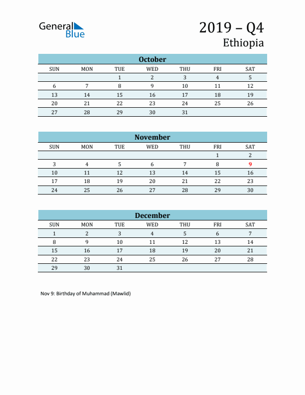 Three-Month Planner for Q4 2019 with Holidays - Ethiopia
