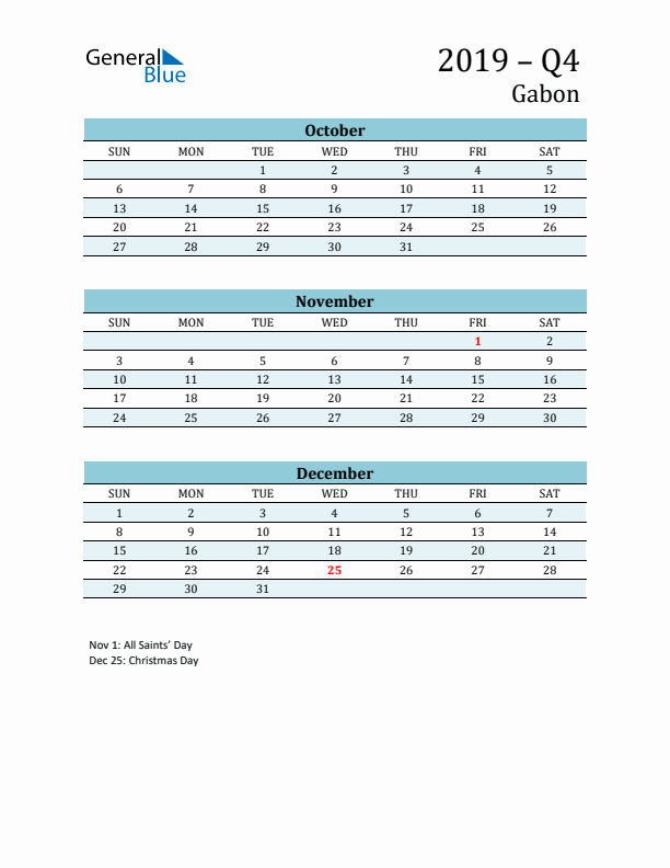 Three-Month Planner for Q4 2019 with Holidays - Gabon