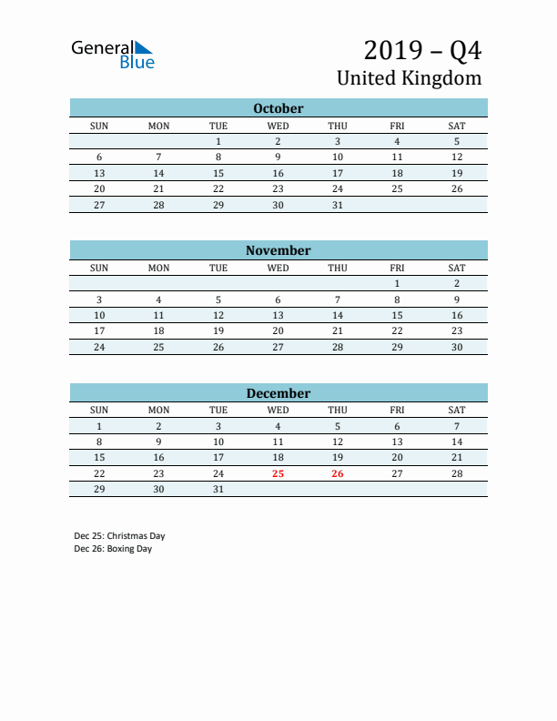 Three-Month Planner for Q4 2019 with Holidays - United Kingdom