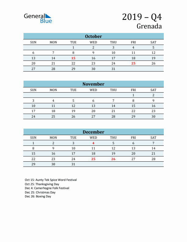 Three-Month Planner for Q4 2019 with Holidays - Grenada