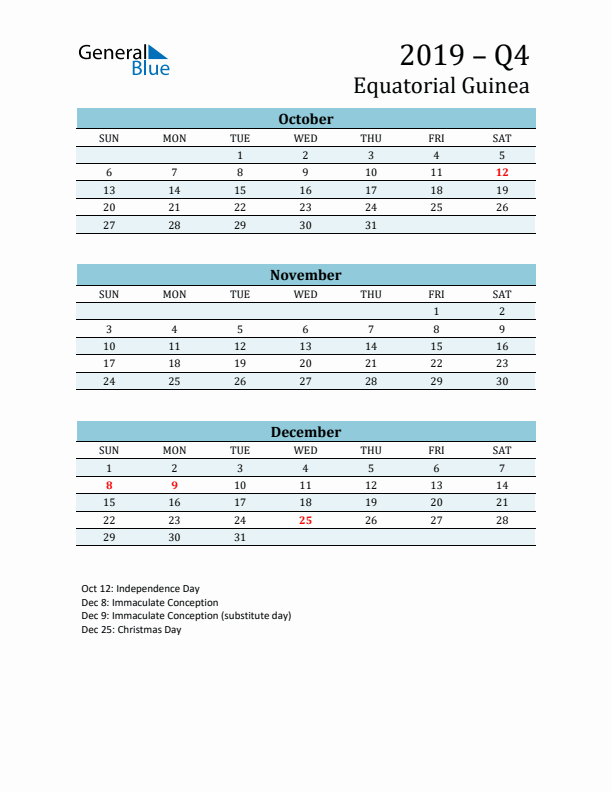 Three-Month Planner for Q4 2019 with Holidays - Equatorial Guinea