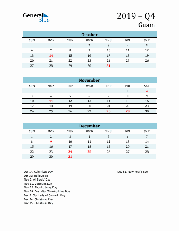 Three-Month Planner for Q4 2019 with Holidays - Guam