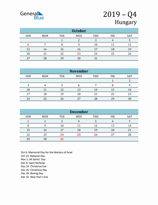 Three-Month Planner for Q4 2019 with Holidays - Hungary