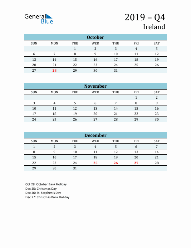 Three-Month Planner for Q4 2019 with Holidays - Ireland