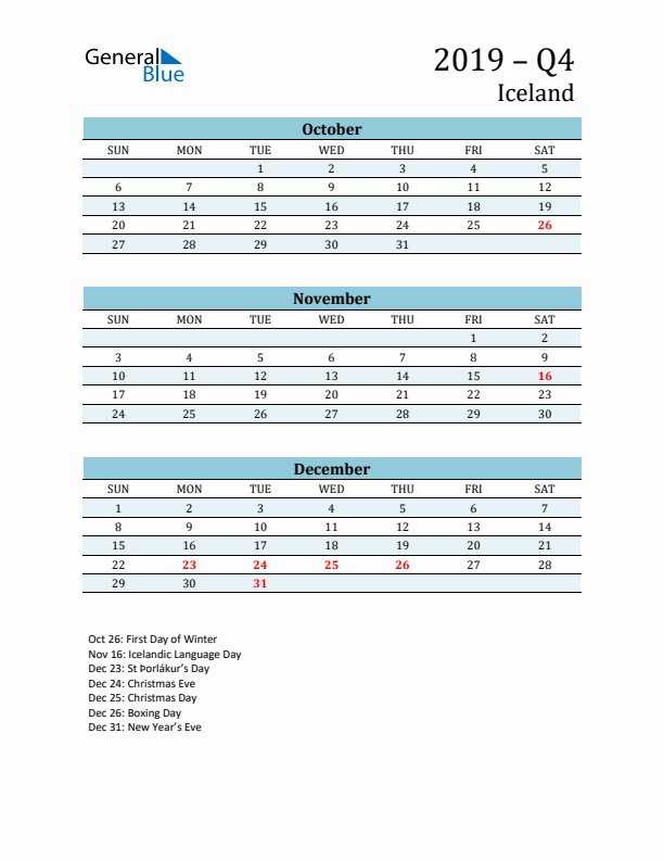 Three-Month Planner for Q4 2019 with Holidays - Iceland