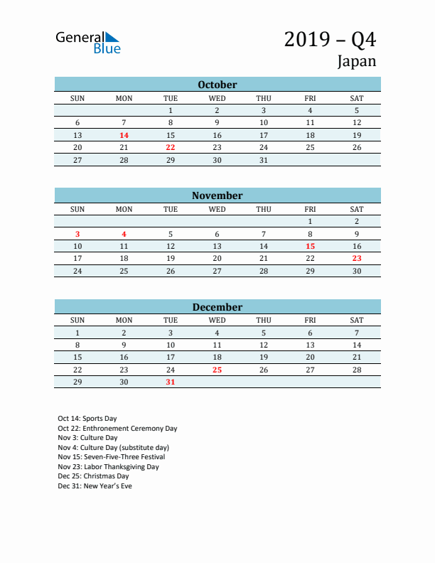 Three-Month Planner for Q4 2019 with Holidays - Japan