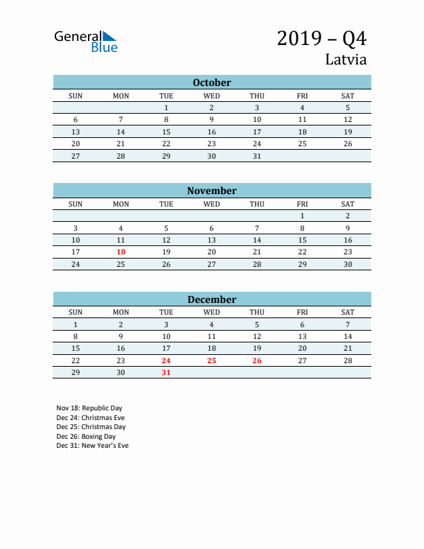 Three-Month Planner for Q4 2019 with Holidays - Latvia