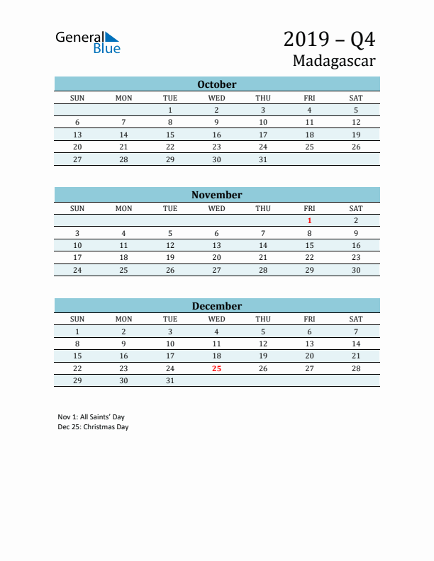 Three-Month Planner for Q4 2019 with Holidays - Madagascar