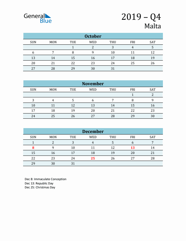 Three-Month Planner for Q4 2019 with Holidays - Malta