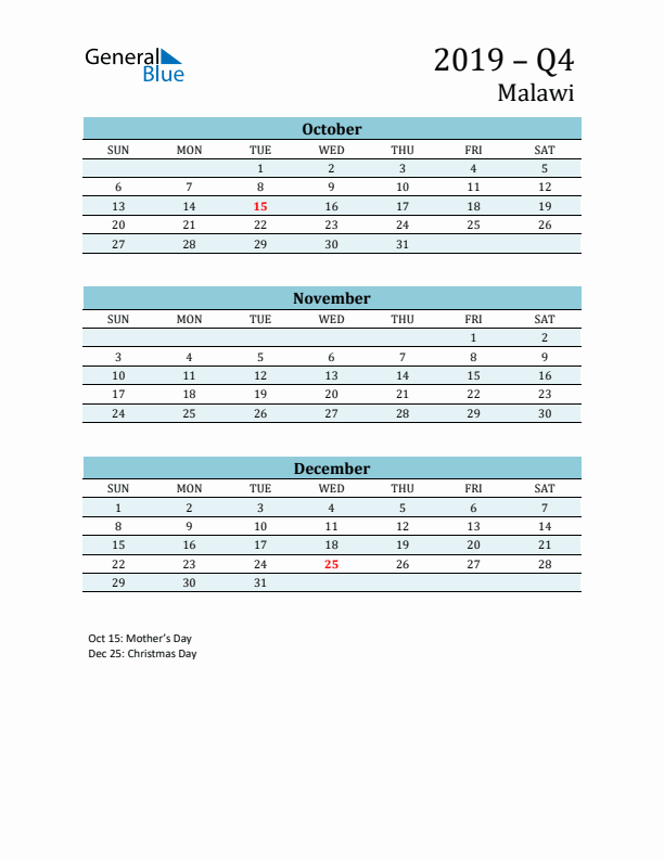 Three-Month Planner for Q4 2019 with Holidays - Malawi