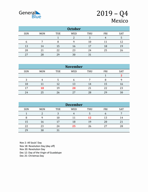 Three-Month Planner for Q4 2019 with Holidays - Mexico