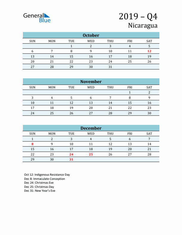 Three-Month Planner for Q4 2019 with Holidays - Nicaragua