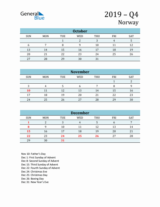 Three-Month Planner for Q4 2019 with Holidays - Norway