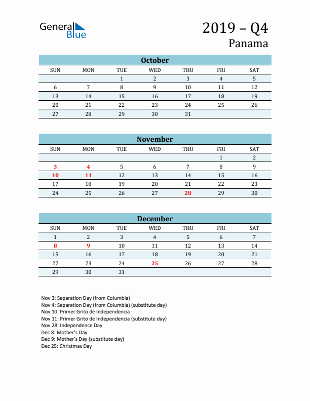 Three-Month Planner for Q4 2019 with Holidays - Panama