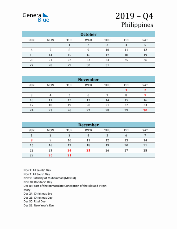 Three-Month Planner for Q4 2019 with Holidays - Philippines