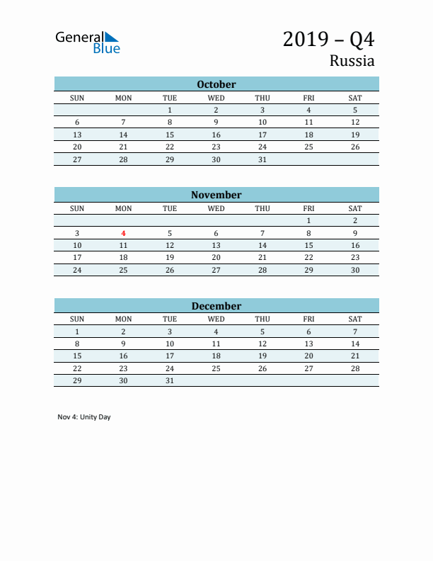 Three-Month Planner for Q4 2019 with Holidays - Russia