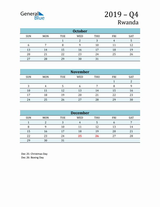 Three-Month Planner for Q4 2019 with Holidays - Rwanda
