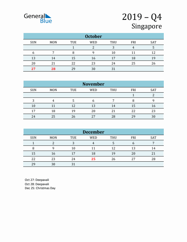 Three-Month Planner for Q4 2019 with Holidays - Singapore