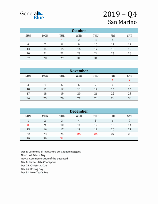Three-Month Planner for Q4 2019 with Holidays - San Marino