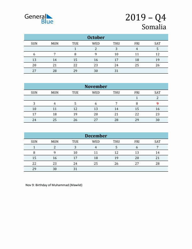 Three-Month Planner for Q4 2019 with Holidays - Somalia