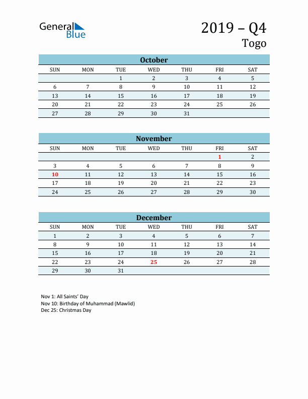 Three-Month Planner for Q4 2019 with Holidays - Togo