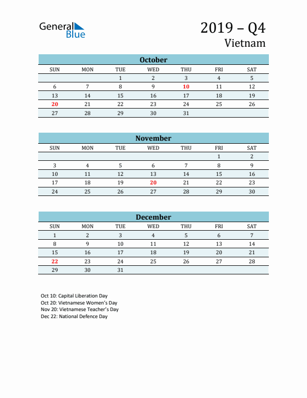 Three-Month Planner for Q4 2019 with Holidays - Vietnam