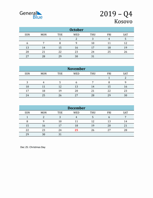 Three-Month Planner for Q4 2019 with Holidays - Kosovo