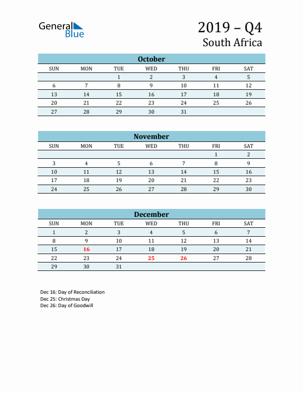 Three-Month Planner for Q4 2019 with Holidays - South Africa