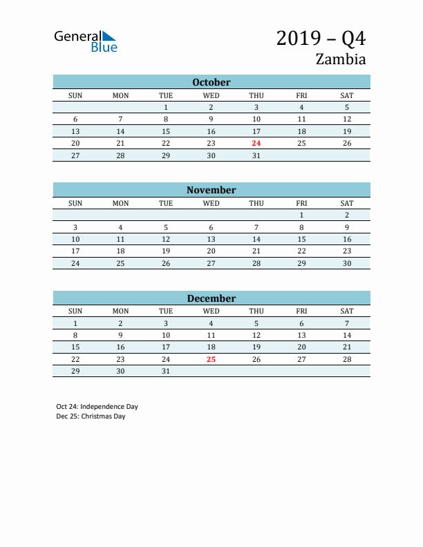 Three-Month Planner for Q4 2019 with Holidays - Zambia