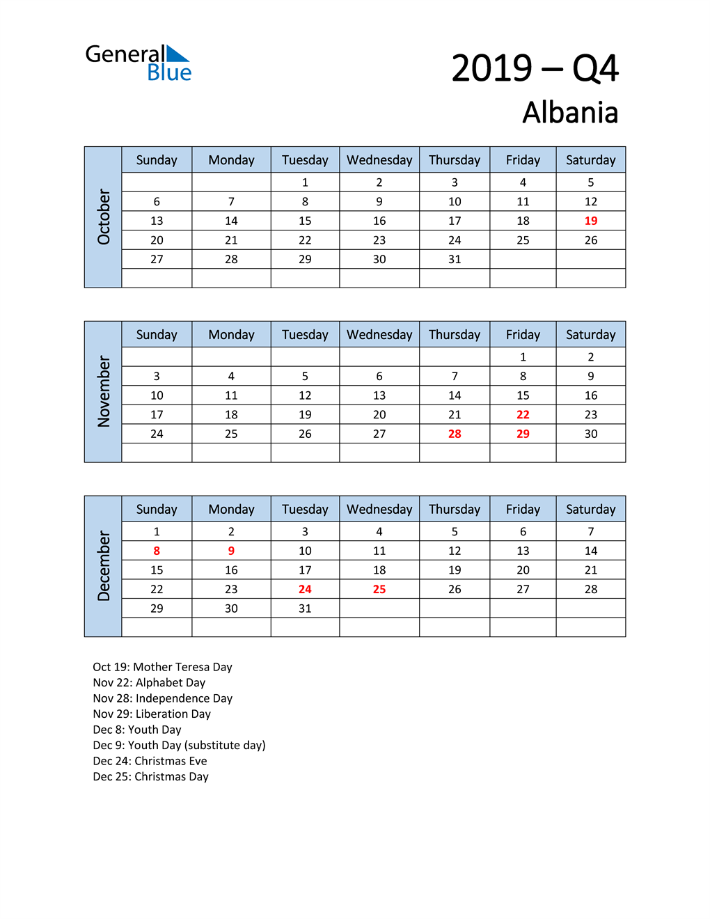  Free Q4 2019 Calendar for Albania