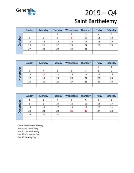  Free Q4 2019 Calendar for Saint Barthelemy