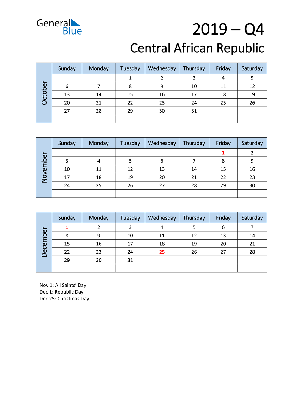 Free Q4 2019 Calendar for Central African Republic