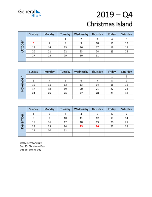  Free Q4 2019 Calendar for Christmas Island