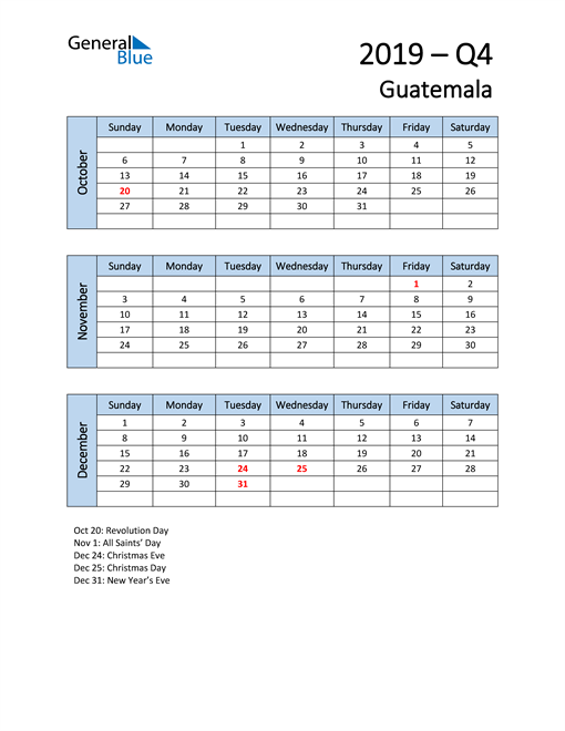  Free Q4 2019 Calendar for Guatemala