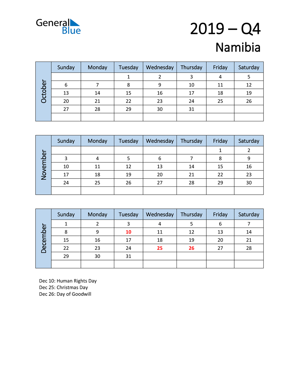  Free Q4 2019 Calendar for Namibia