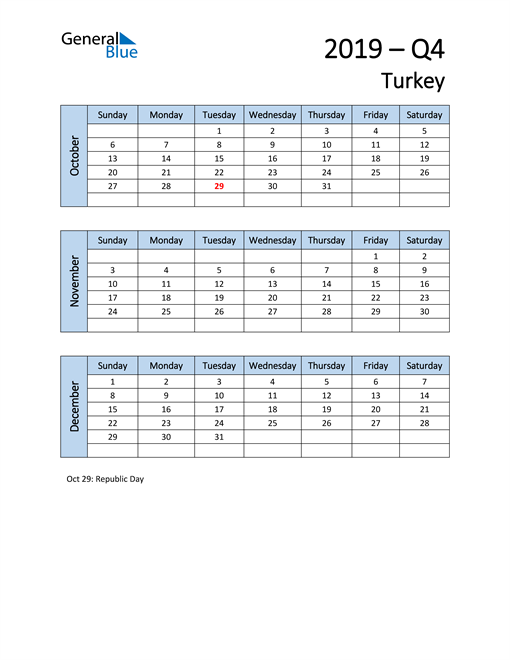  Free Q4 2019 Calendar for Turkey