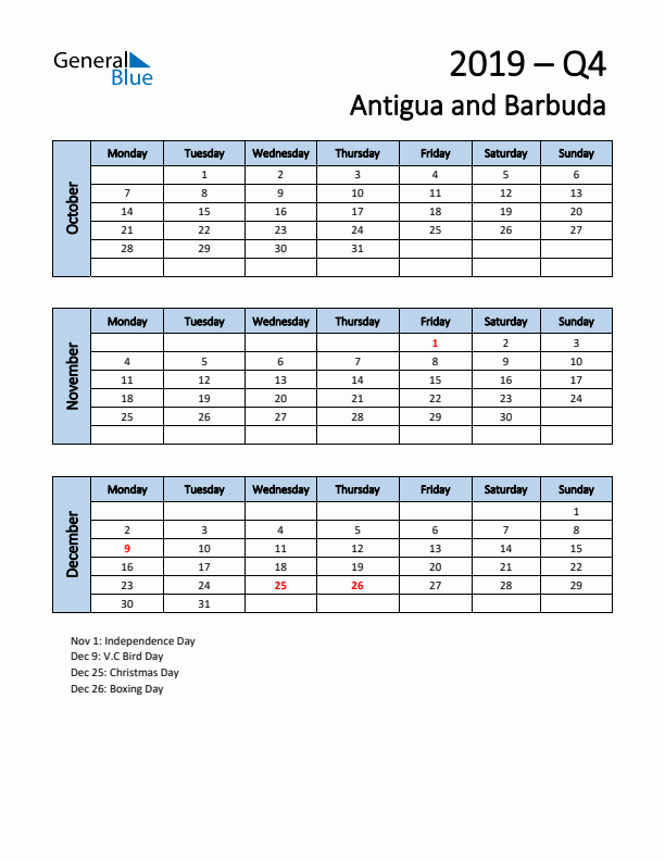 Free Q4 2019 Calendar for Antigua and Barbuda - Monday Start