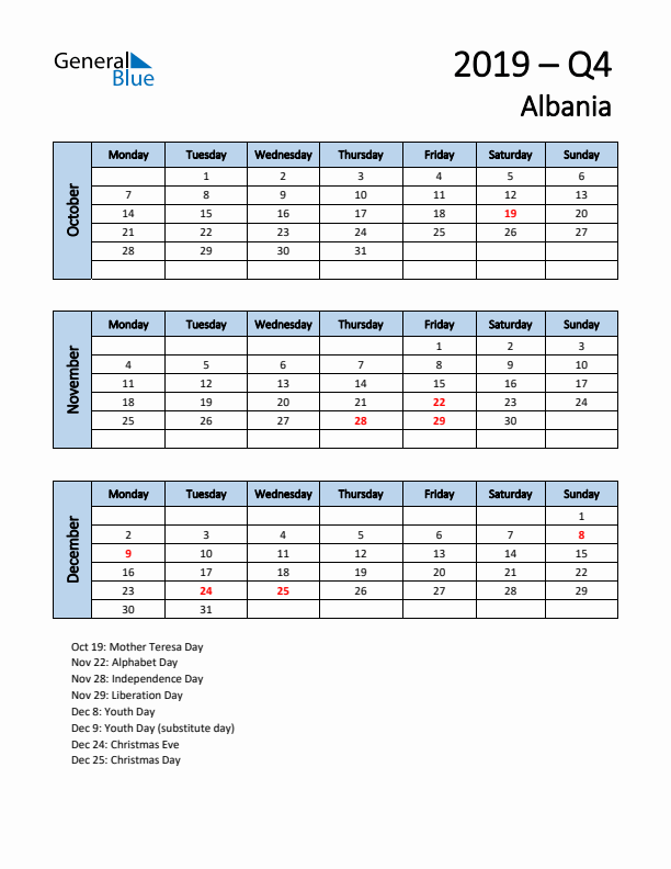 Free Q4 2019 Calendar for Albania - Monday Start