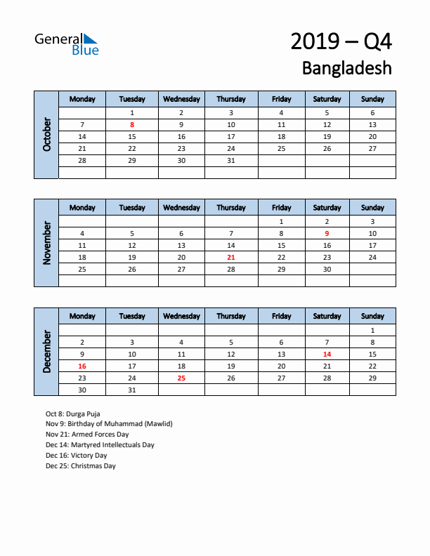 Free Q4 2019 Calendar for Bangladesh - Monday Start