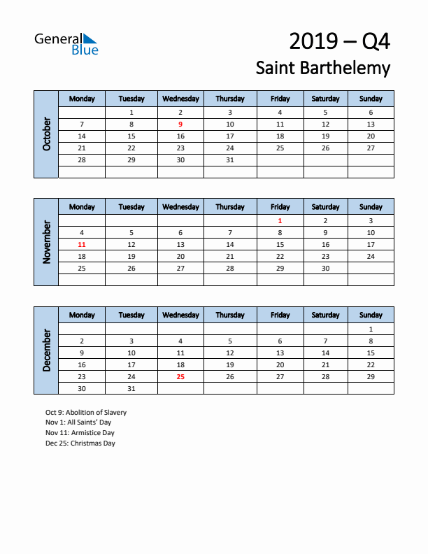 Free Q4 2019 Calendar for Saint Barthelemy - Monday Start