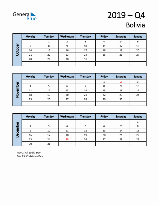 Free Q4 2019 Calendar for Bolivia - Monday Start
