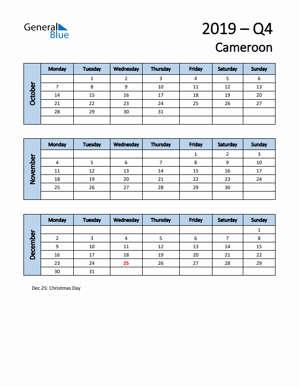 Free Q4 2019 Calendar for Cameroon - Monday Start