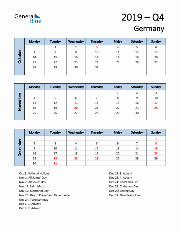 Free Q4 2019 Calendar for Germany - Monday Start